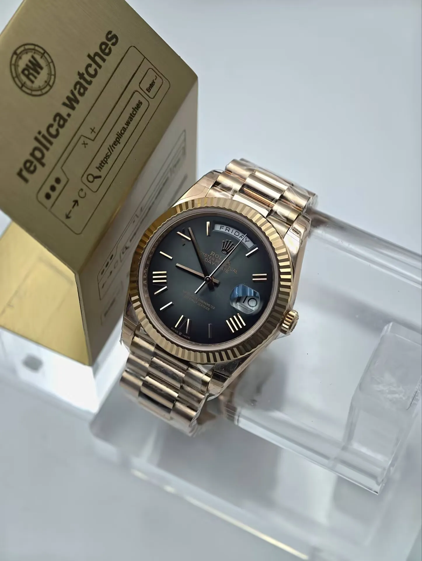 Replica Rolex Day-Date M228235-0055 40mm Slate Grey Sunburst Dial Roman Numerals 3255 Movement Premium Watchs
