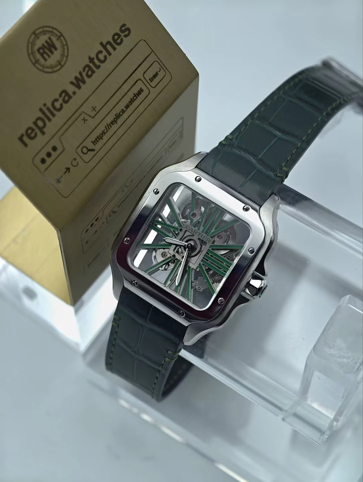 Cartier Super Clone Watches 1:1 Santos de Cartier Skeleton Green Dial Steel WHSA0028