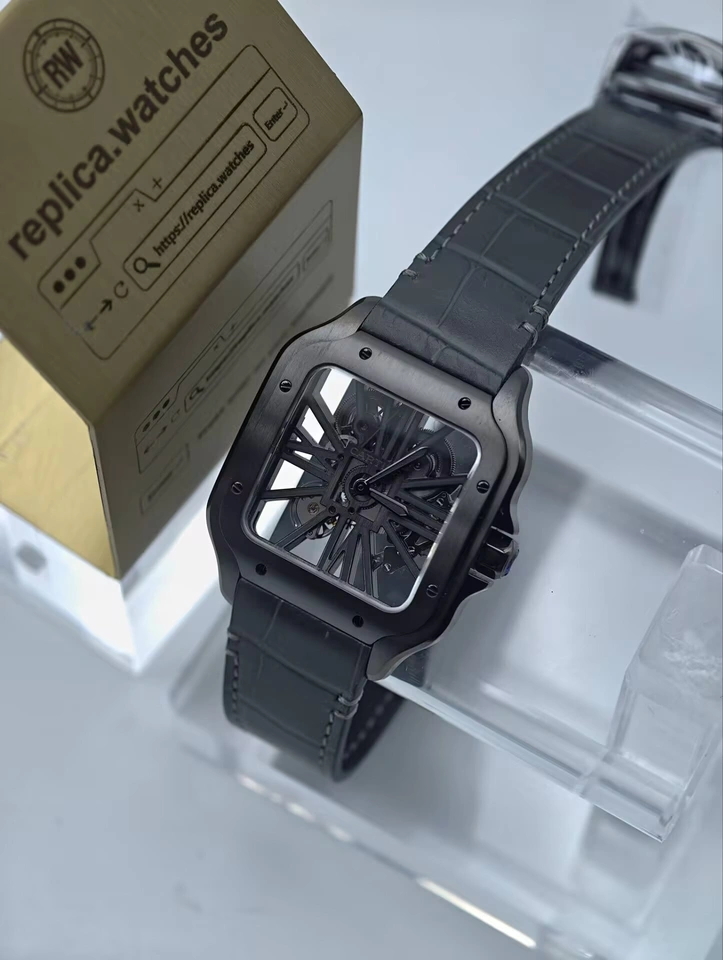 Cartier Super Clone Watches 1:1 Santos Skeleton Dark Grey Dial Black Leather WHSA0009