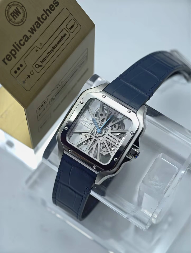 Cartier Super Clone Watches 1:1 Santos Skeleton Dial Blue Leather WHSA0015