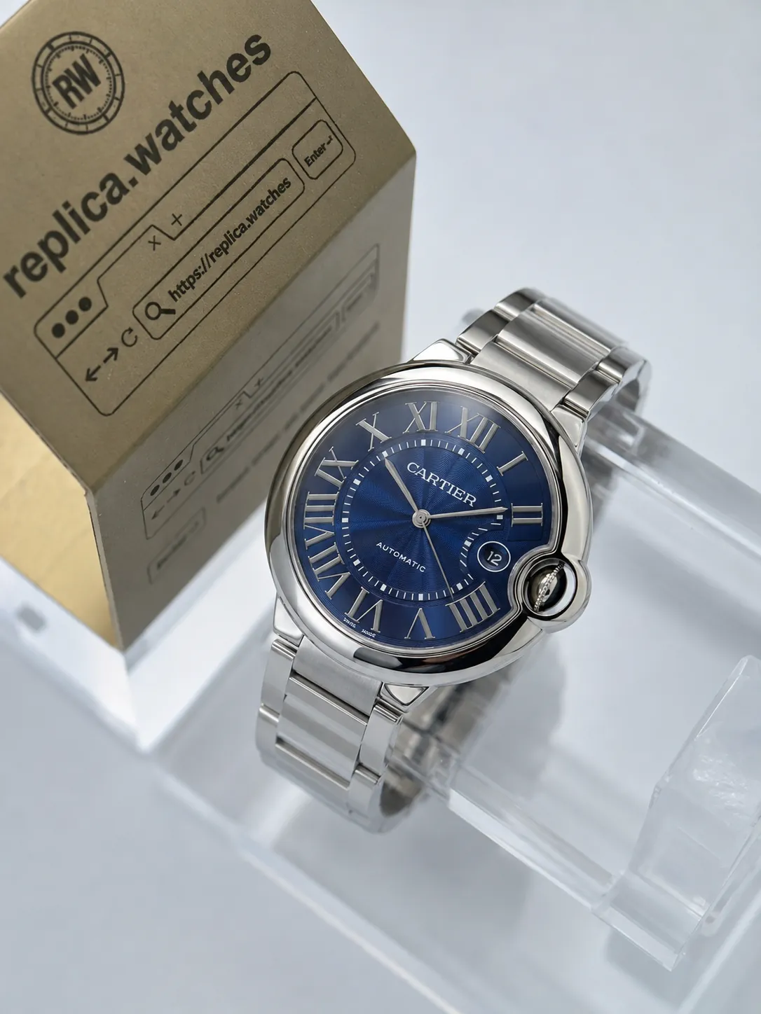Super Clone Cartier Ballon Bleu WSBB0025 42mm Blue Sunburst Guilloche Dial Steel Bracelet Blue Cabochon Crown AF Factory Watch