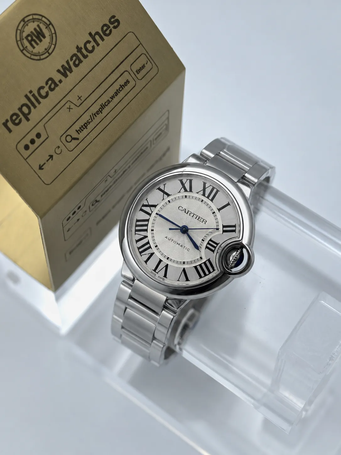 Super Clone Cartier Ballon Bleu WSBB0044 33mm Silver Guilloche Dial No Date Blue Cabochon Crown Steel Bracelet AF Factory Watch