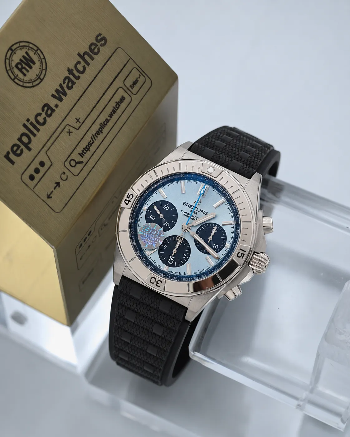 Super Clone Breitling Chronomat B01 42 PB0134101C1S2 Ice Blue Panda Dial Platinum Knight Bezel Black Rubber Strap B01 BLS Factory Watch