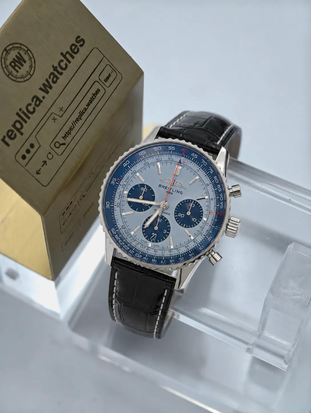 Super Clone Breitling Navitimer B01 43 AB0138241C1P1 Ice Blue Dial Dark Blue Subdials Red Second Hand BLS Factory Watch