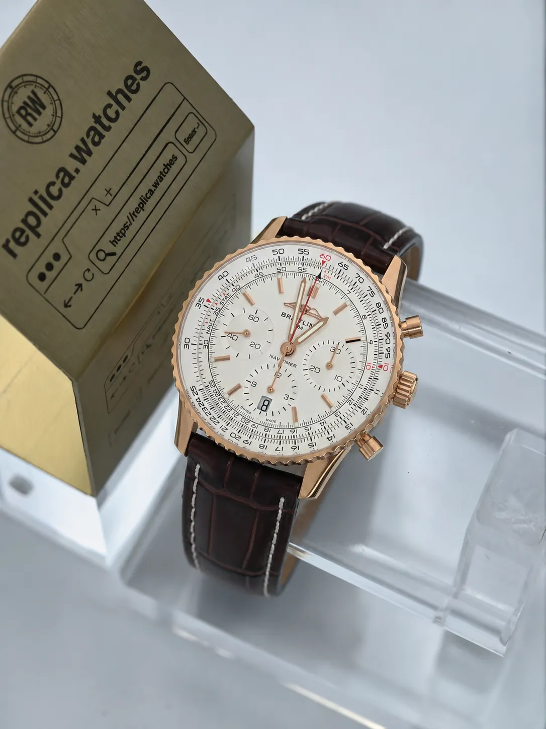 Super Clone Breitling Navitimer B01 RB0139211G1P1 41mm Rose Gold Case Silver Dial B01 Movement Transparent Case Back BLS Factory