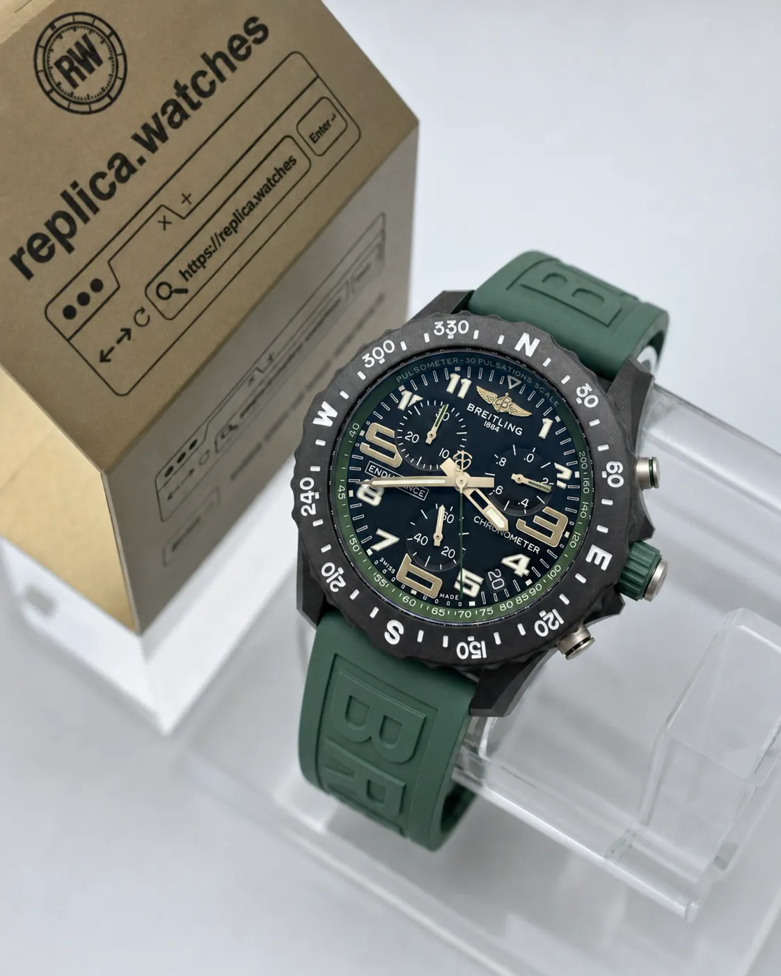 Super Clone Breitling Professional Endurance Pro X82310D31B1S1 44mm Black Chrono Dial Green Rubber Strap Quartz Movement OF Watch