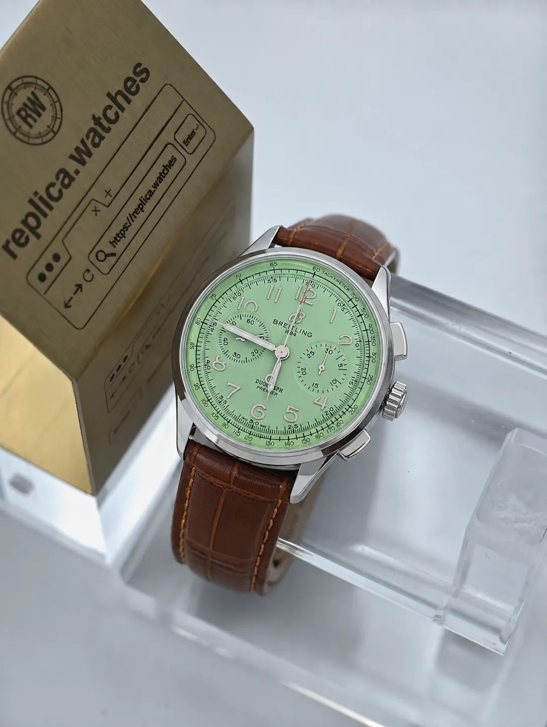 Super Clone Breitling Premier B09 40 AB0930D31L1P1 Pistachio Green Dial Twin Chronograph Subdials B09 Manual Movement BLS Factory Watch