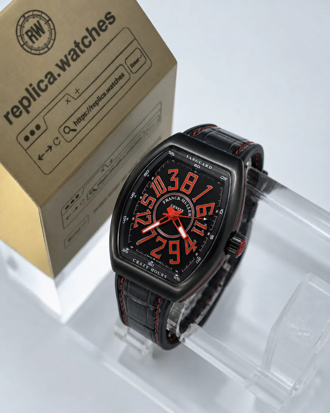Super Clone Franck Muller Vanguard Crazy Hours V45 CH TT BR ER 45mm Black Red Tonneau Automatic Sport Watch