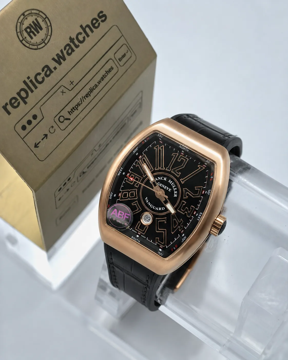 Super Clone Franck Muller Vanguard V 45 SC DT 5N NR 45mm Rose Gold Tonneau Case Black Crocodile Leather Watch
