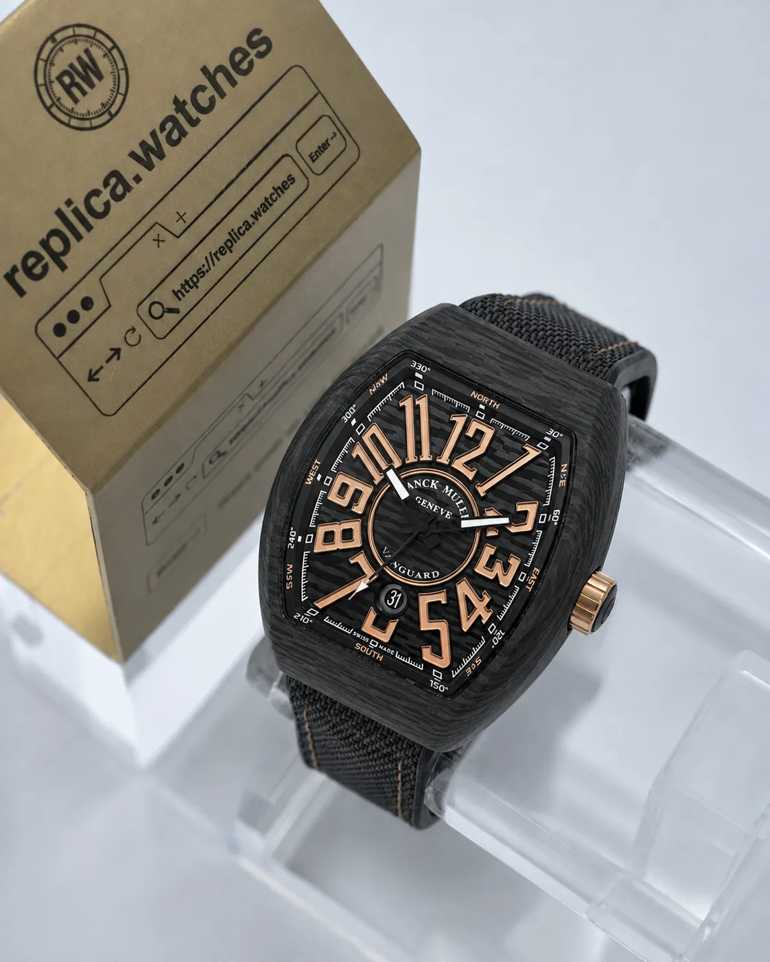Super Clone Franck Muller Vanguard V45 SC DT CARBON NR BN 45mm Black Carbon Fiber Rose Gold Accent Watch