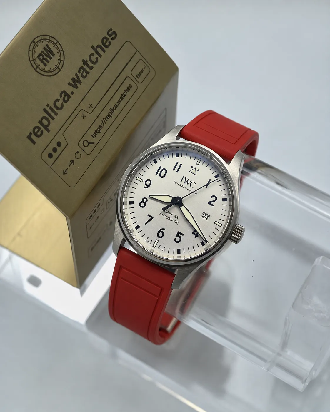 Super Clone IWC Pilot’s Watch Mark XX IW328201 40mm Silver Dial Red Rubber Strap 32111 Movement M+ Factory Watch