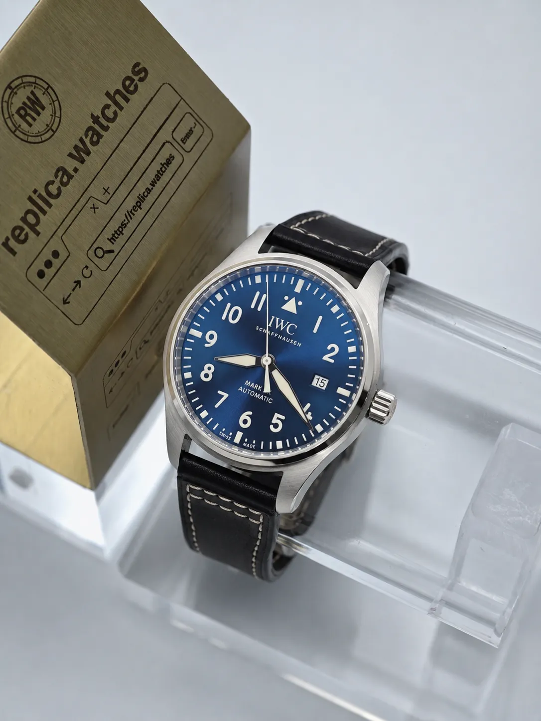 Super Clone IWC IW328203 Blue Dial 40mm Mark XX Pilot Watch Black Leather Strap Watchs