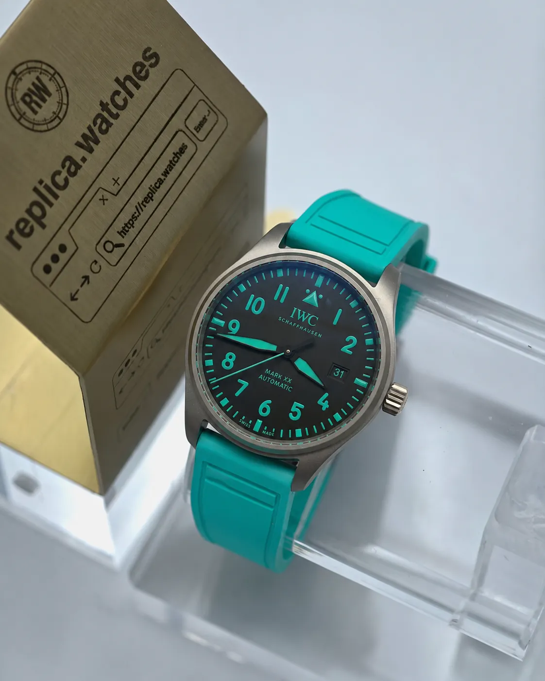 Super Clone IWC Pilots Watch Mark XX IW328210 40mm Grade 5 Titanium Case Black Dial Teal Rubber Strap