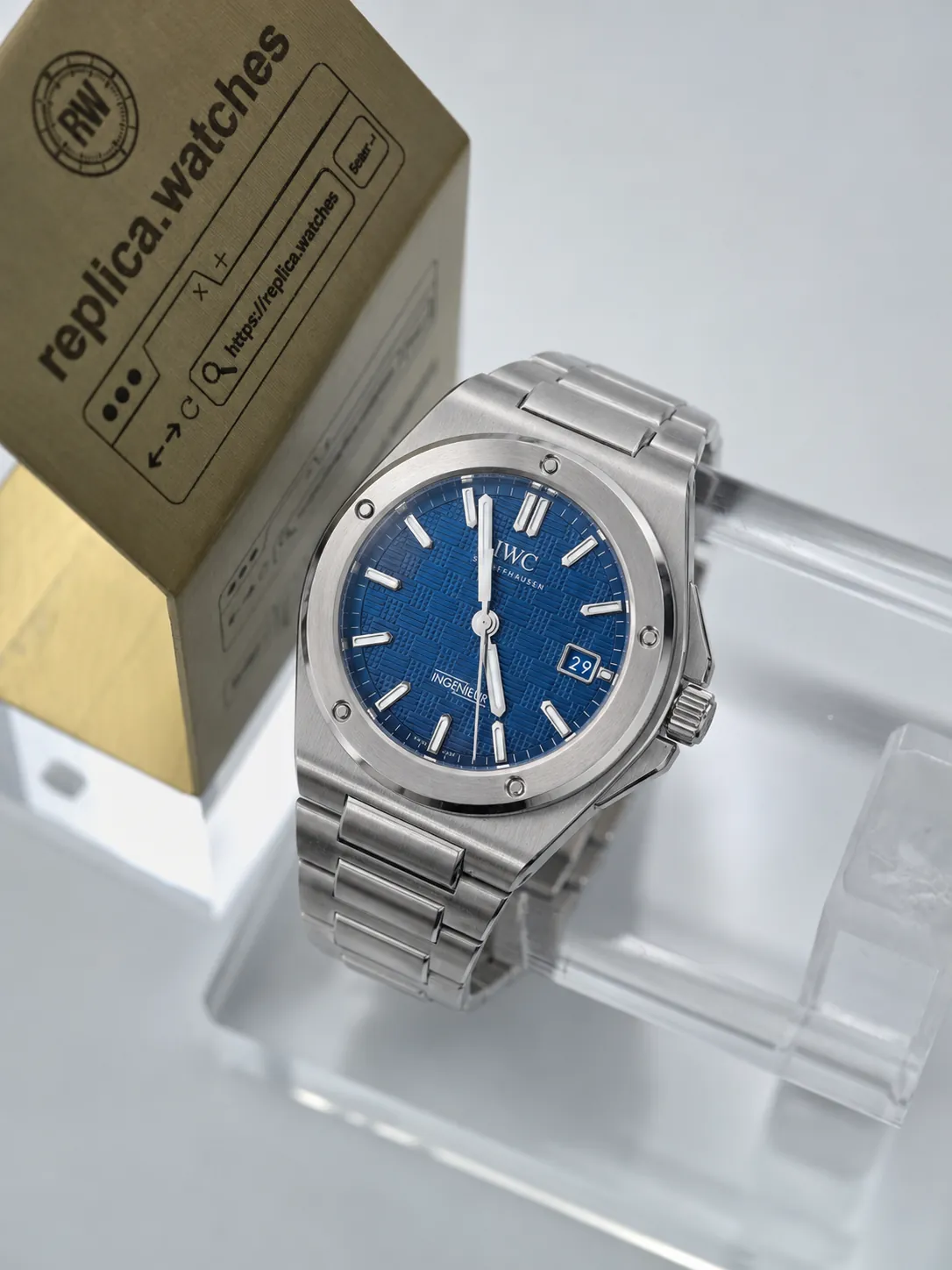 Super Clone IWC IW328907 Deep Blue Grid Dial 40mm Ingenieur Integrated Steel Bracelet Watchs