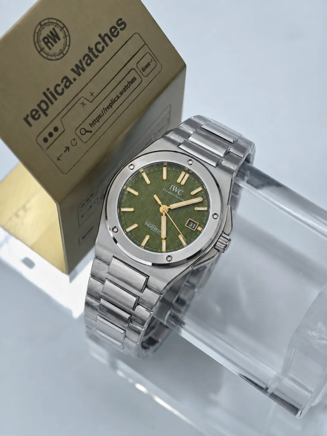 Super Clone IWC IW328908 Green Grid Dial 40mm Ingenieur Integrated Steel Bracelet Watchs