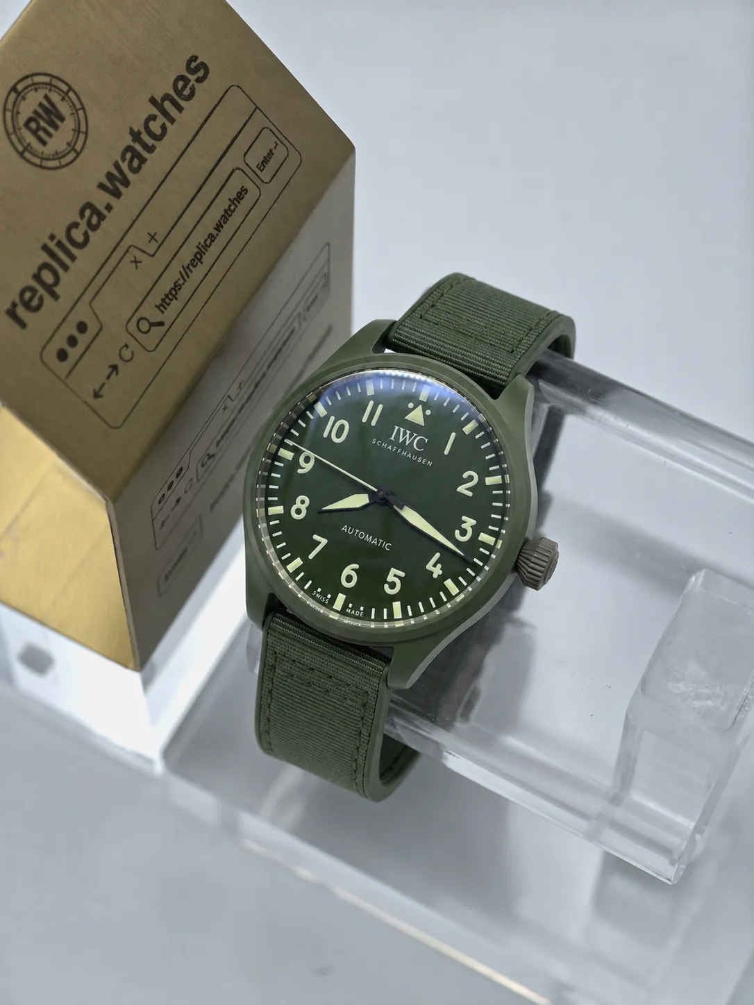 Super Clone IWC Big Pilots Watch 43 TOP GUN Woodland IW329802 Matte Green Ceramic Case Green Fabric Strap