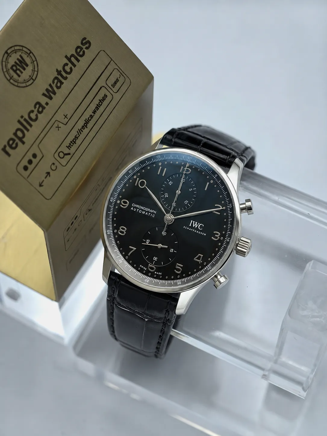 Super Clone IWC Portugieser Chronograph IW371447 41mm Black Dial Silver Leaf Hands Black Alligator Leather Watch