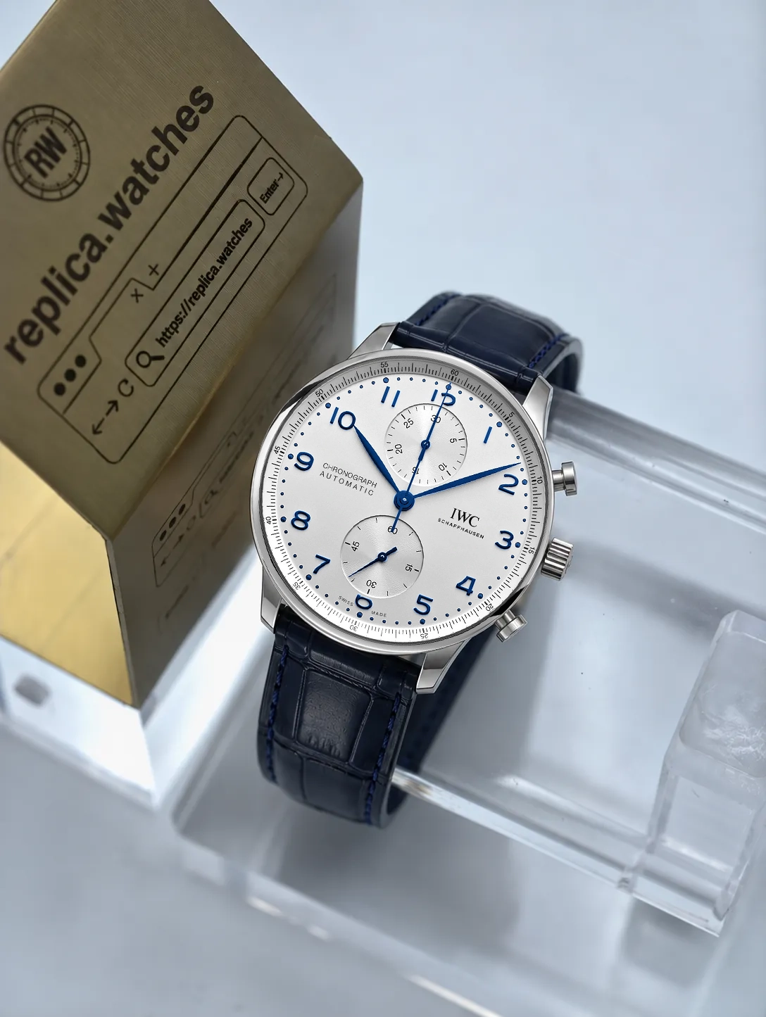 Super Clone IWC Portugieser Chronograph IW371605 41mm White Dial Blue Needles Blue Alligator Leather Automatic Watch