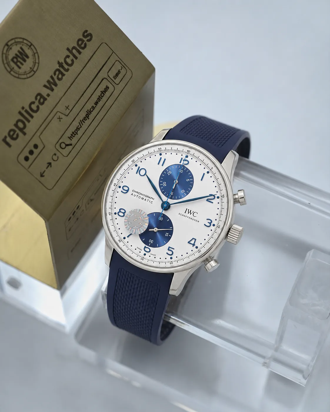Super Clone IWC IW371620 White Dial 41mm Portugieser Chronograph Blue Twin Subdial Rubber Strap Watchs