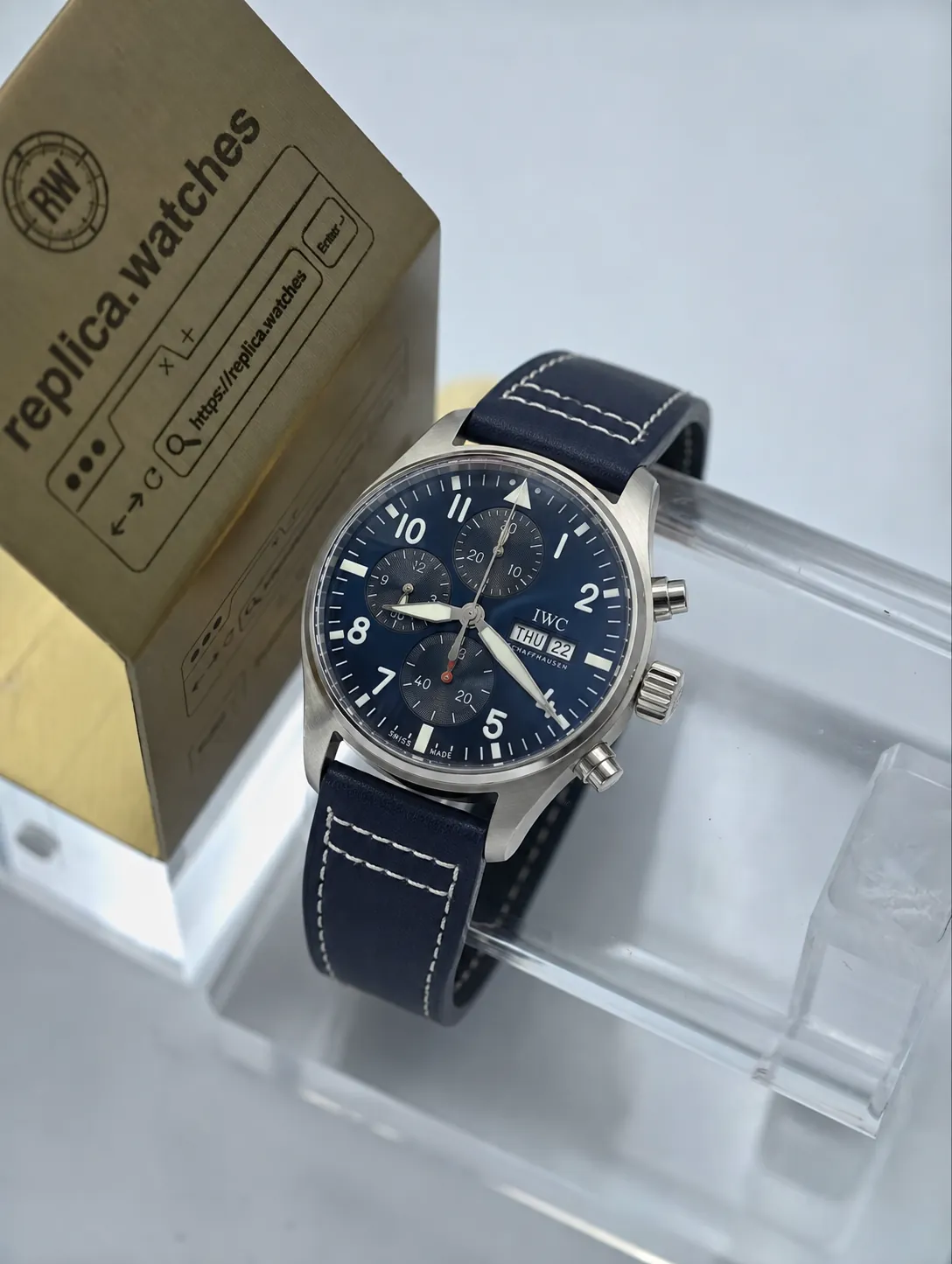 Super Clone IWC IW388101 Pilots Watch Chronograph 41 Blue Dial Blue Leather Strap White Stitching 69385 Movement