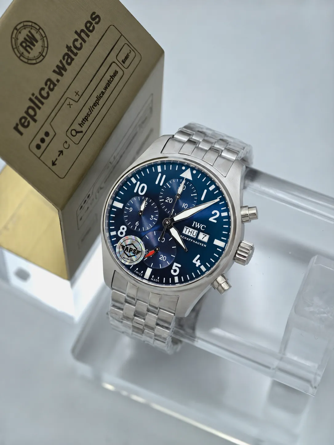 Super Clone IWC IW388102 Blue Dial 41mm Pilot Chronograph Day Date Exhibition Case Back Watchs