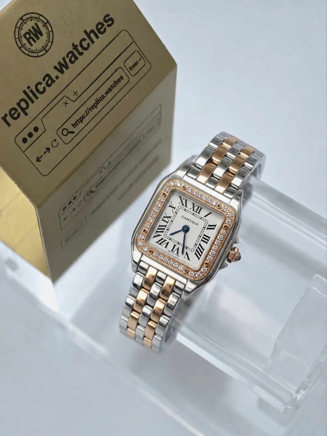 Super Clone Cartier Panthère W3PN0006 22×30mm Two-Tone Rose Gold Steel Diamond Bezel Roman Dial Quartz BV Factory Watch