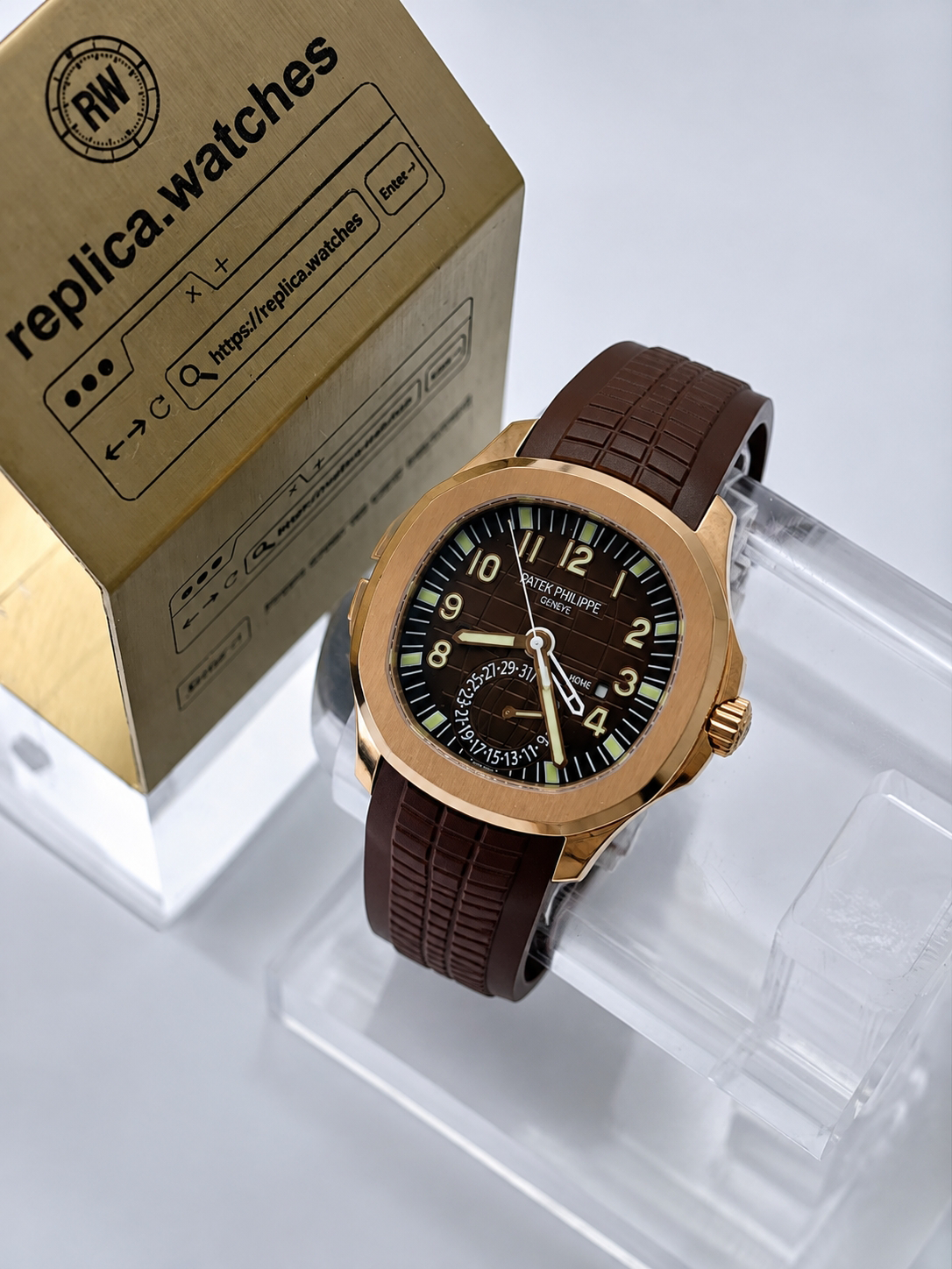 Super Clone Patek Philippe 5164R-001 Brown Embossed Dial 40.8mm Dual Time Zone Brown Rubber Strap Watchs