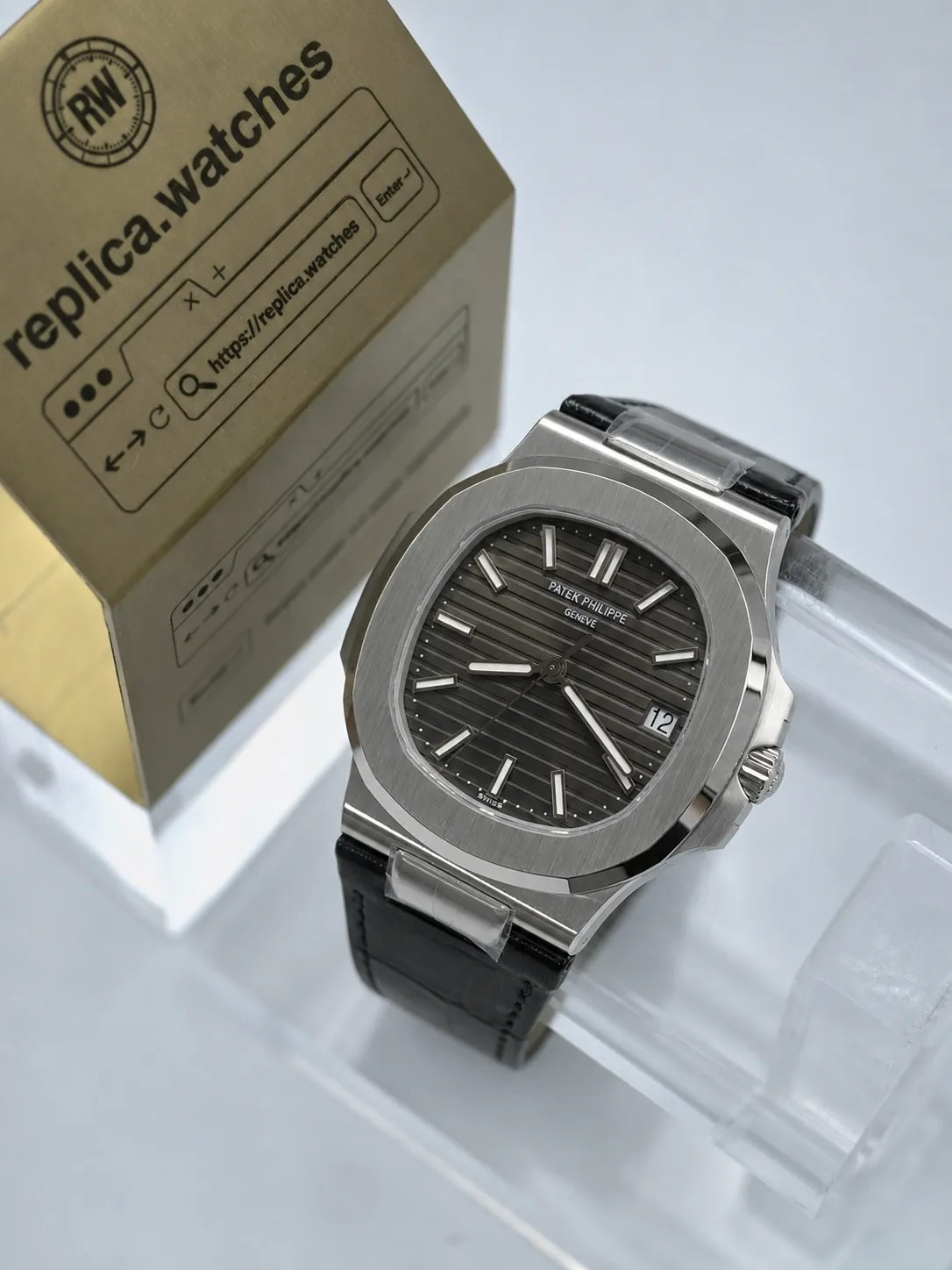 Super Clone Patek Philippe Nautilus 5711G-001 40mm Heavy Version 18K White Gold Case Grey Ribbed Dial 324 SC Leather Strap DD Factory Watch