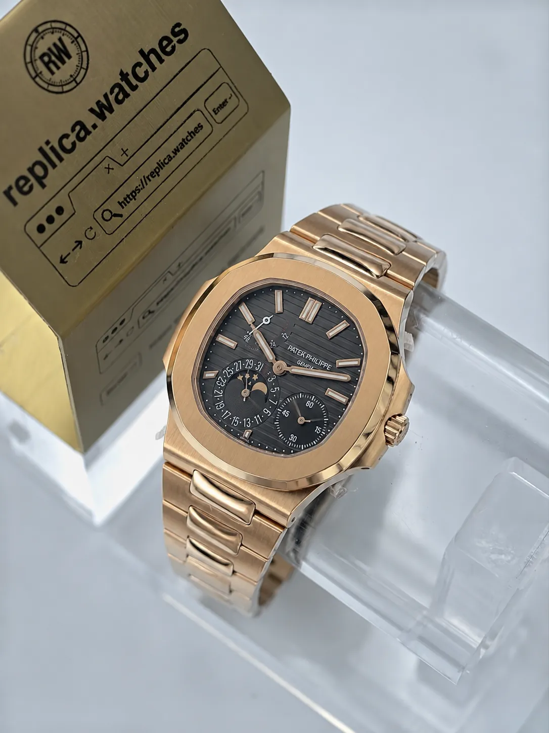 Super Clone Patek Philippe Nautilus 5712/1R-001 Grey Dial 40mm Rose Gold Moon Phase Luxury Watchs