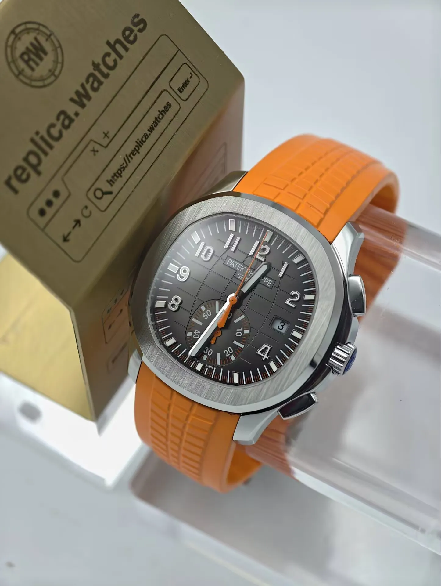 Super Clone Patek Philippe 5968A-001 Black Gradient Dial 42.2mm Orange Rubber Strap Flyback Chronograph Luxury Watchs
