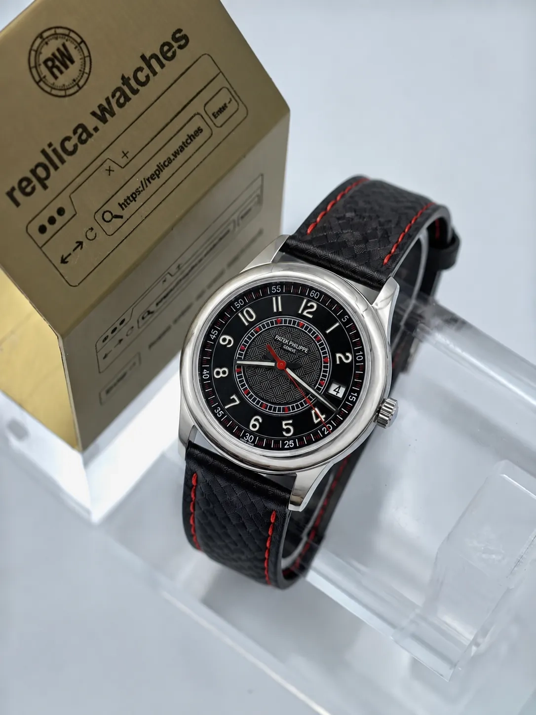 Super Clone Patek Philippe 6007G-010 Black Dial 40mm Carbon Fiber Texture Red Accent Calatrava Watchs