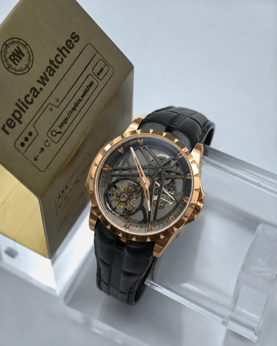 Super Clone Roger Dubuis Excalibur RDDBEX0392 42mm 18K Rose Gold Manual Flying Tourbillon Watch Star Skeleton Dial Black Alligator Strap BBR Factory