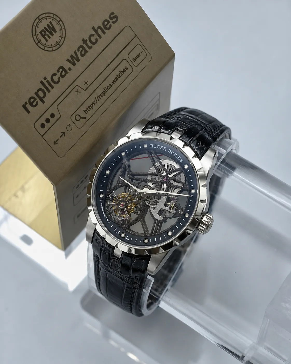 Super Clone Roger Dubuis RDDBEX0393 Skeleton Dial 42mm Black Strap Excalibur Flying Tourbillon Watchs