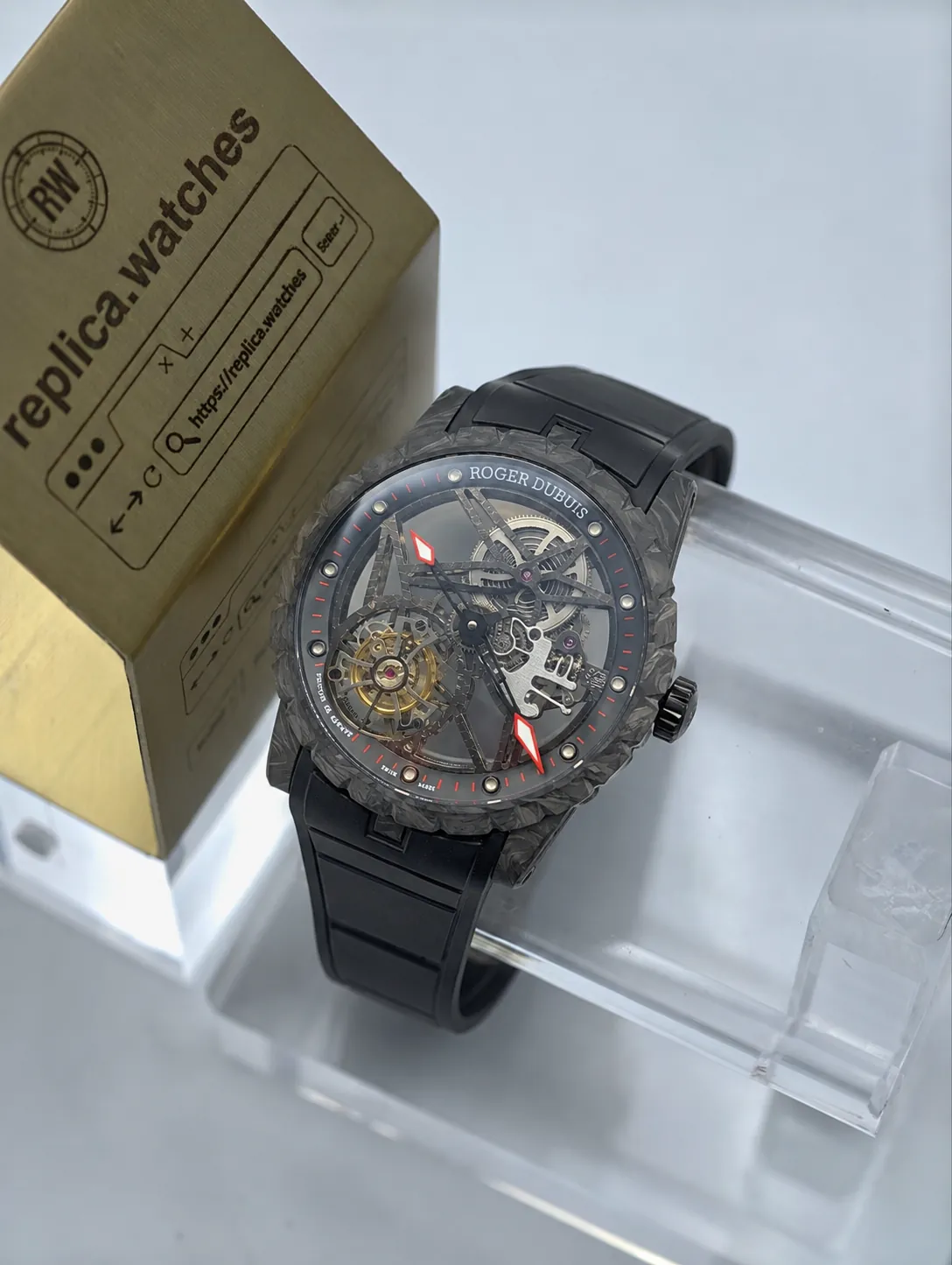 Super Clone Roger Dubuis RDDBEX0577 Skeleton Dial 42mm Black Strap Excalibur Carbon Case Flying Tourbillon Watchs