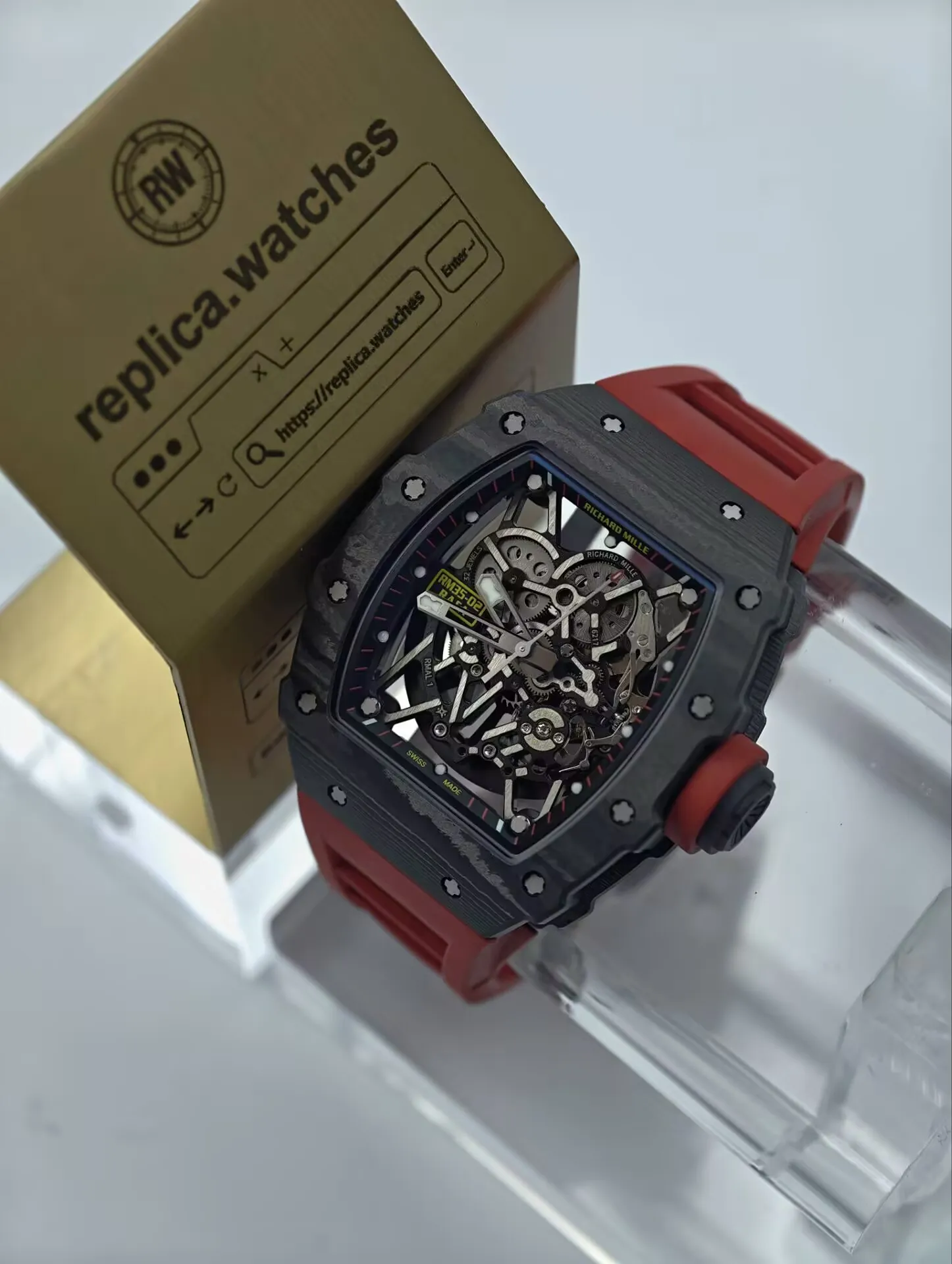 Super Clone Richard Mille RM35-02 49.94mm × 44.50mm Blue Inner Red Crown Skeleton Sport Dive Watchs