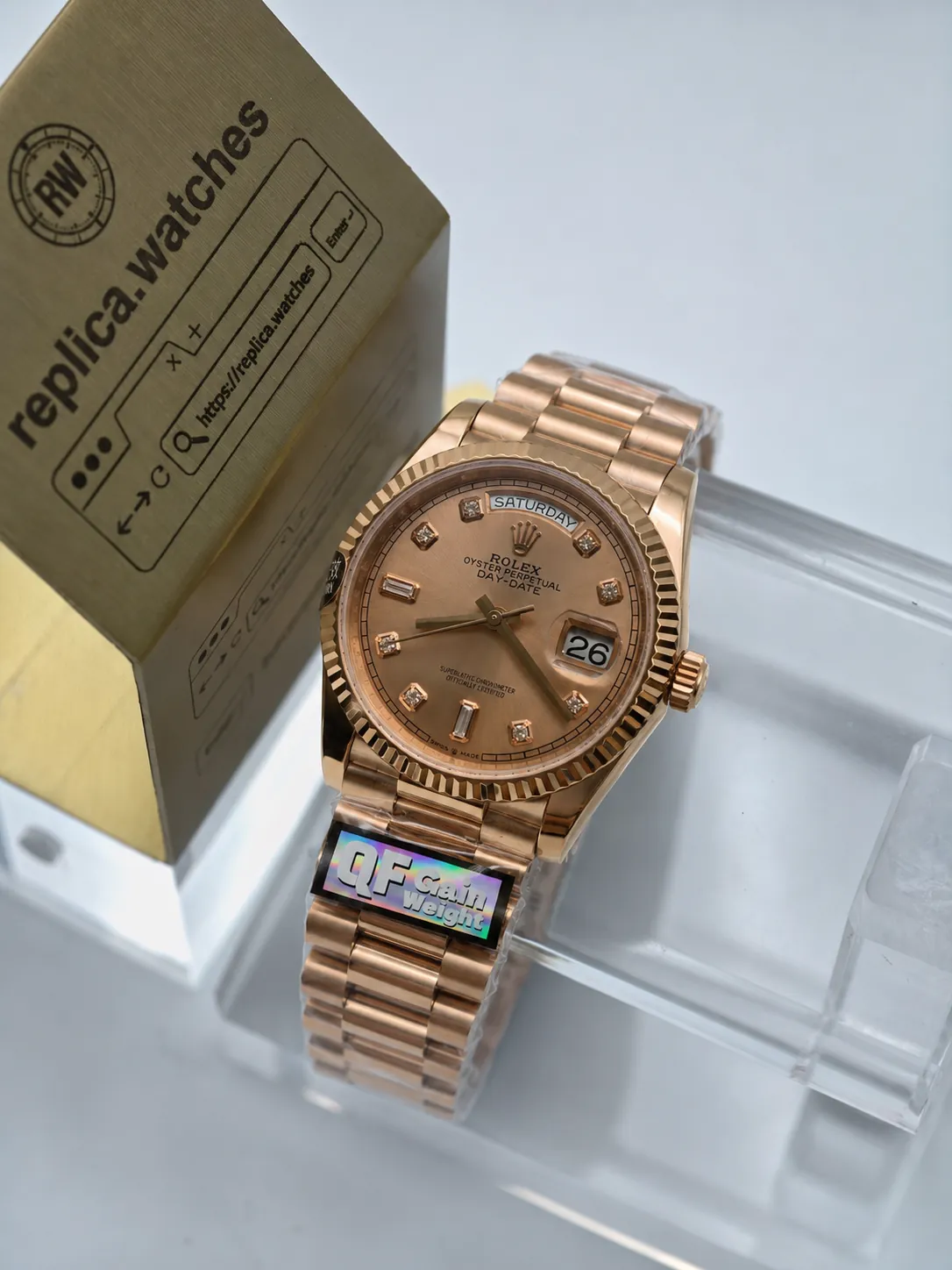 Super Clone Rolex Day-Date 36 M128235-0009 36mm Rose Gold Sunburst Dial Diamond Marker President Watch