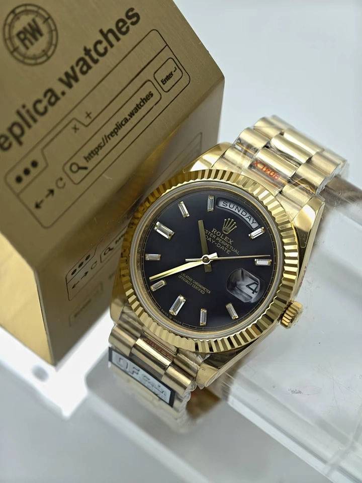 Super Clone Rolex M228238-0004 Black Diamond Dial 40mm 18K Gold Day Date Watchs