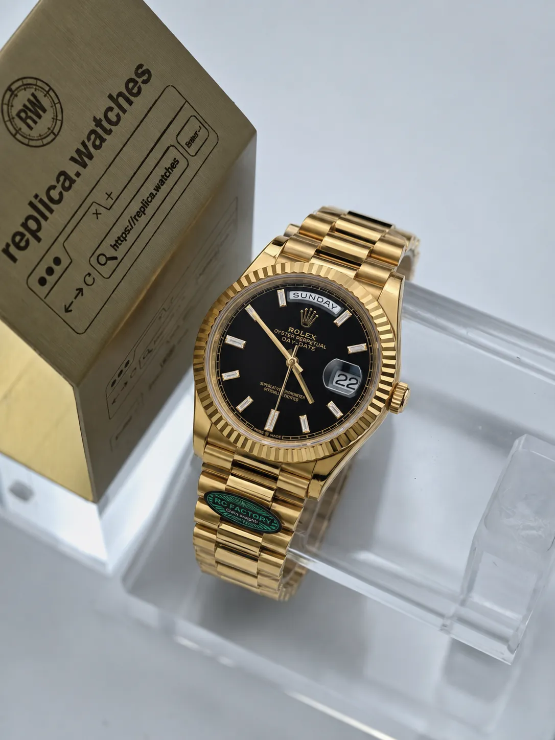 Super Clone Rolex Day-Date 40 M228238-0059 40mm Full 18K Gold Black Diamond Dial Day Date President Bracelet 3255 Movement RC Factory Watch