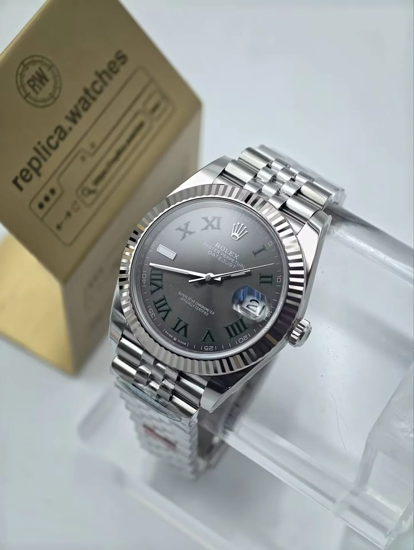 Super Clone Rolex Datejust 41 M126334-0022 41mm Grey Sunburst Dial Green Roman Numerals 3235 Movement Luxury Watchs