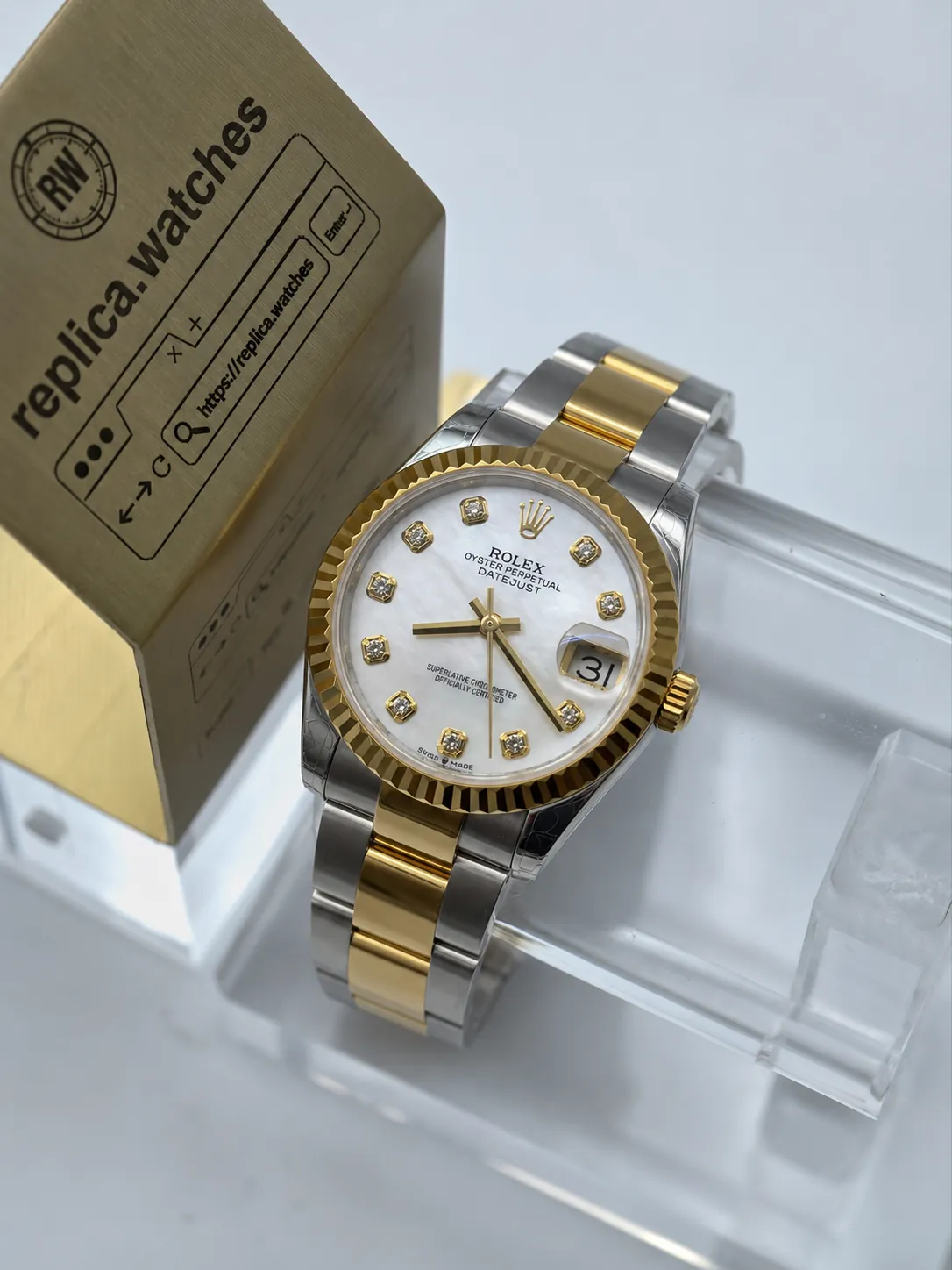 Super Clone Rolex Ladies Datejust M278273‑0027 31mm White Mother‑of‑Pearl Diamond Dial Yellow Rolesor Oyster Watch GS Factory
