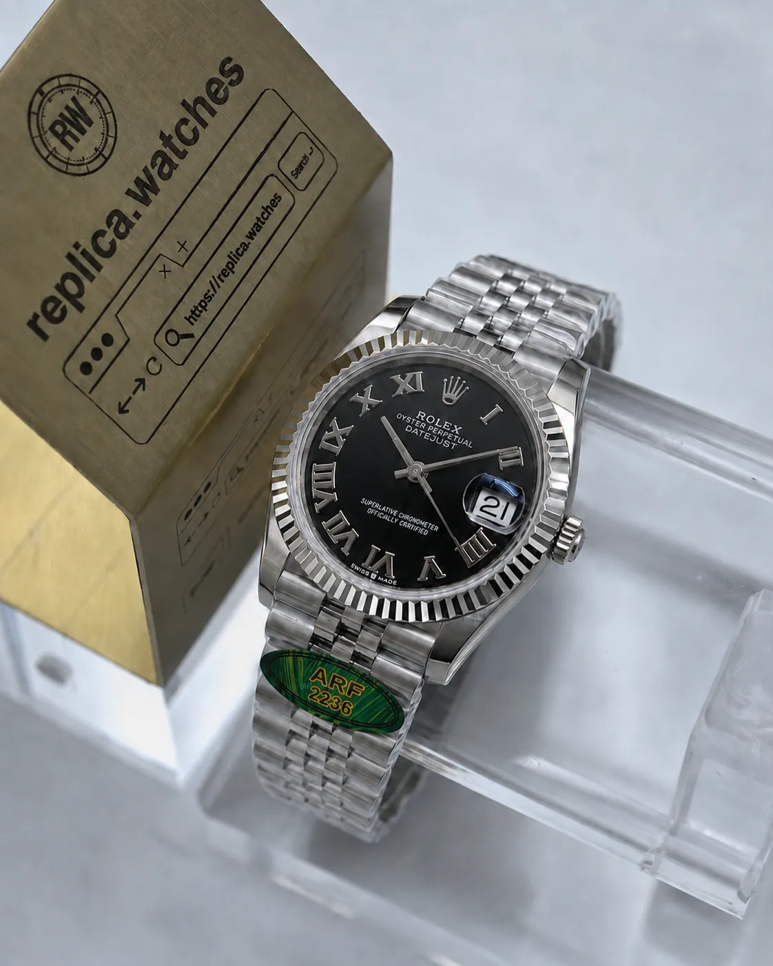 Super Clone Rolex Datejust 31 M278274-0002 31mm Black Dial Roman Numerals White Gold Fluted Bezel Jubilee Bracelet 2236 Movement AR Factory Watch