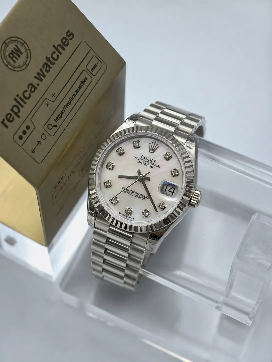 Super Clone Rolex Ladies 31mm Datejust M278274‑0005 White MOP Diamond Dial Fluted White Gold Bezel Oyster Watch GS Factory