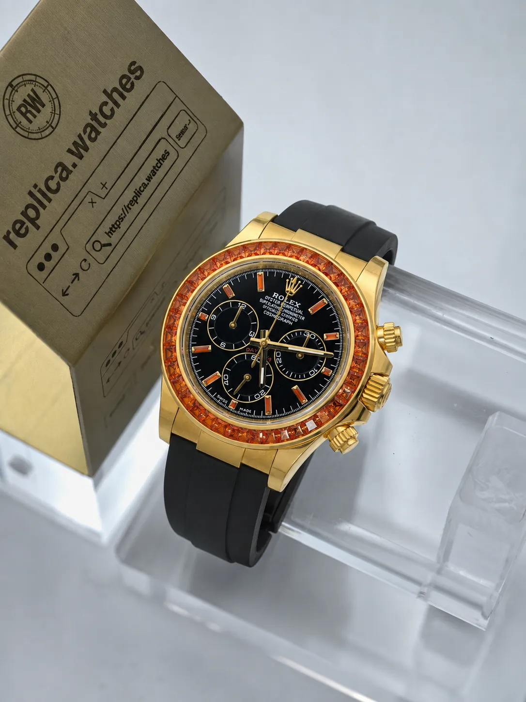 Super Clone Rolex Cosmograph Daytona M116588SACO-0002 40mm Black Dial Orange Sapphire Bezel Markers 18K Gold Case 4130 Movement AR Factory Watch