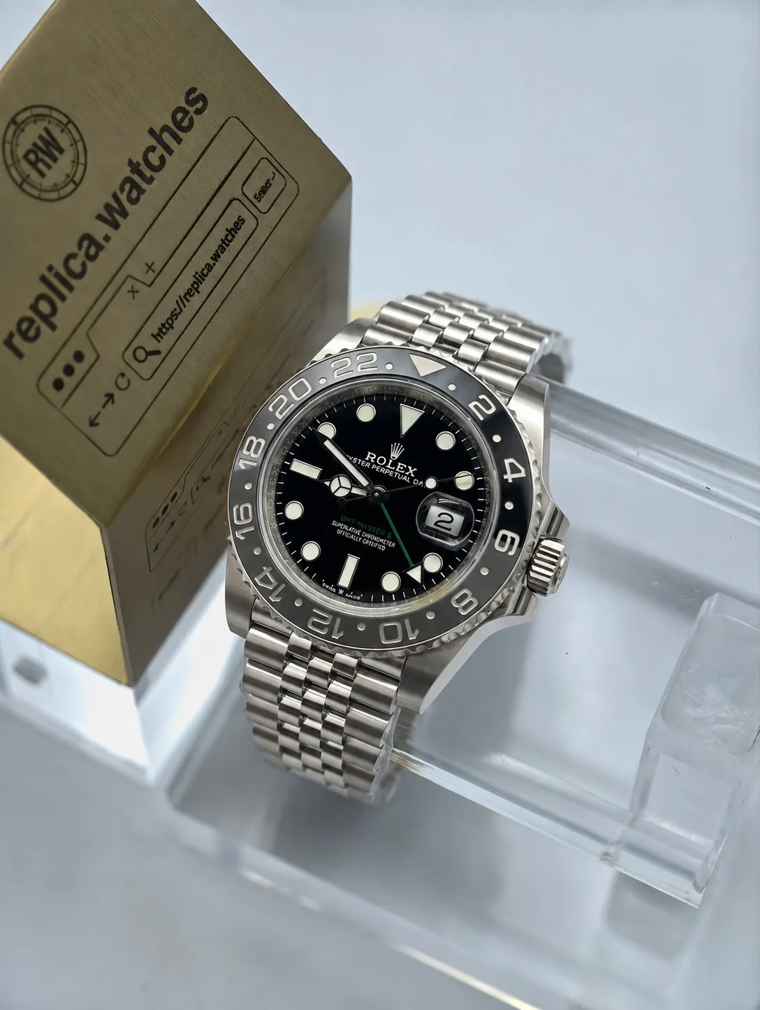 Super Clone Rolex GMT‑Master II M126710GRNR‑0003 40mm Black Gloss Dial Grey‑Black Bezel Green GMT Pointer Jubilee Bracelet VS Factory