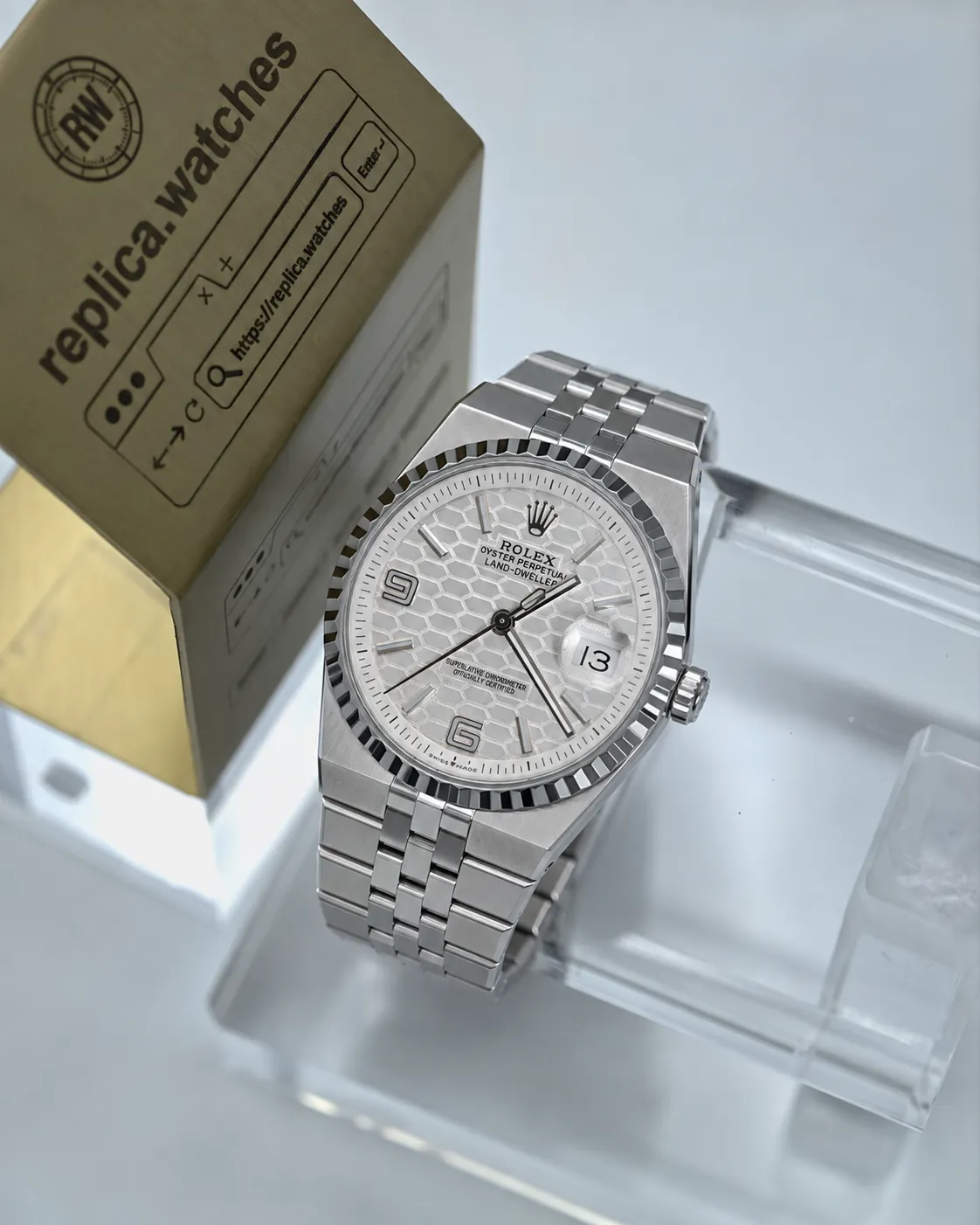 Super Clone Rolex Land-Dweller 36 M127234-0001 36mm White Honeycomb Dial Jubilee Bracelet Transparent Case Back Watch