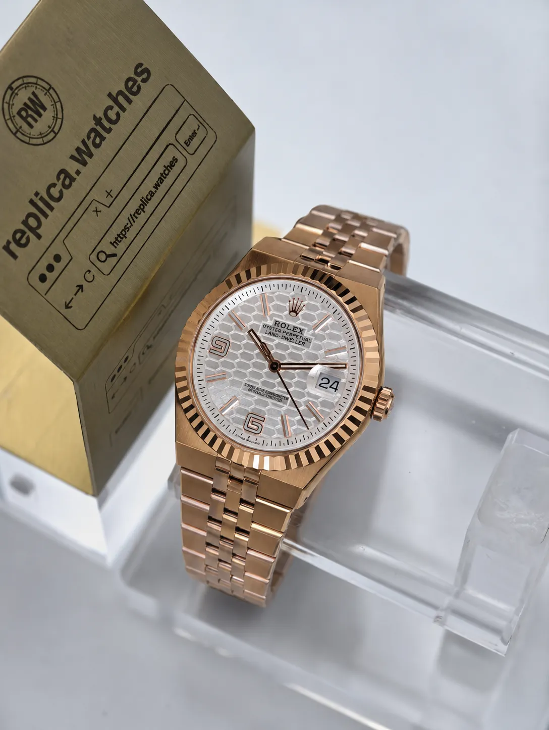 Super Clone Rolex Land-Dweller M127335-0001 40mm White 3D Honeycomb Dial Rose Gold Plated Transparent Case Back Watch