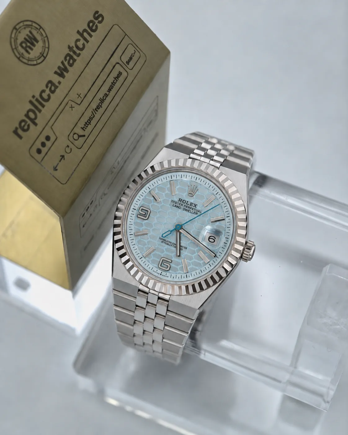 Super Clone Rolex Land-Dweller M127336-0001 40mm Ice Blue 3D Honeycomb Dial 904L Steel Jubilee Bracelet Watch