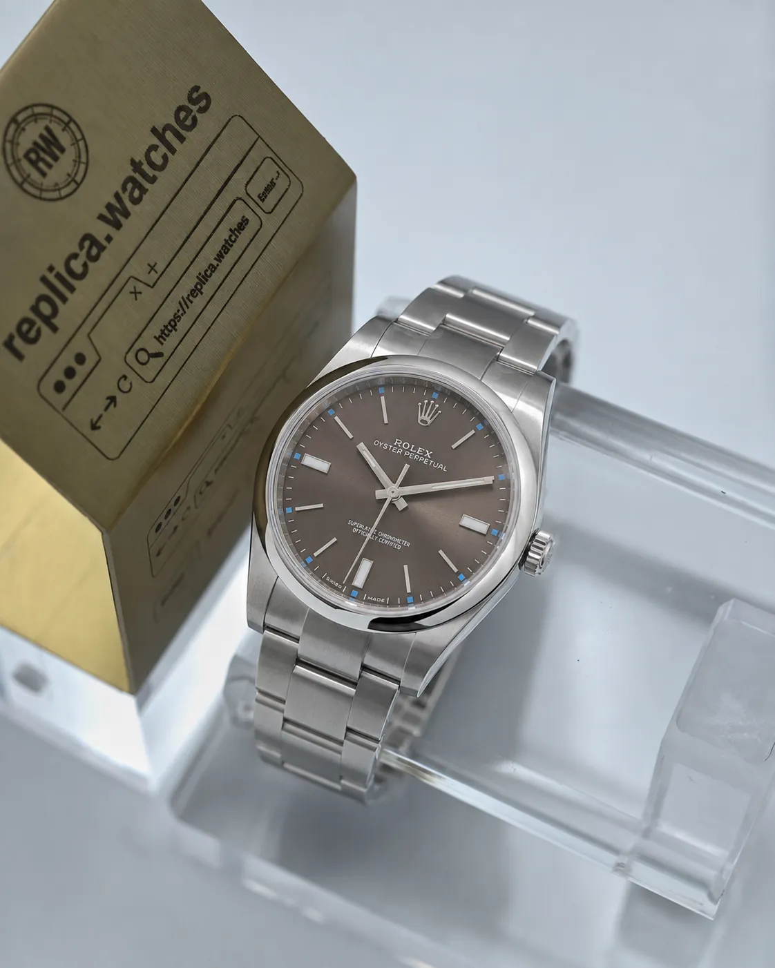 Super Clone Rolex Oyster Perpetual 39 M114300-0001 39mm Dark Rhodium Sunburst Dial Blue Minute Scale 3132 Movement BP Factory Watch