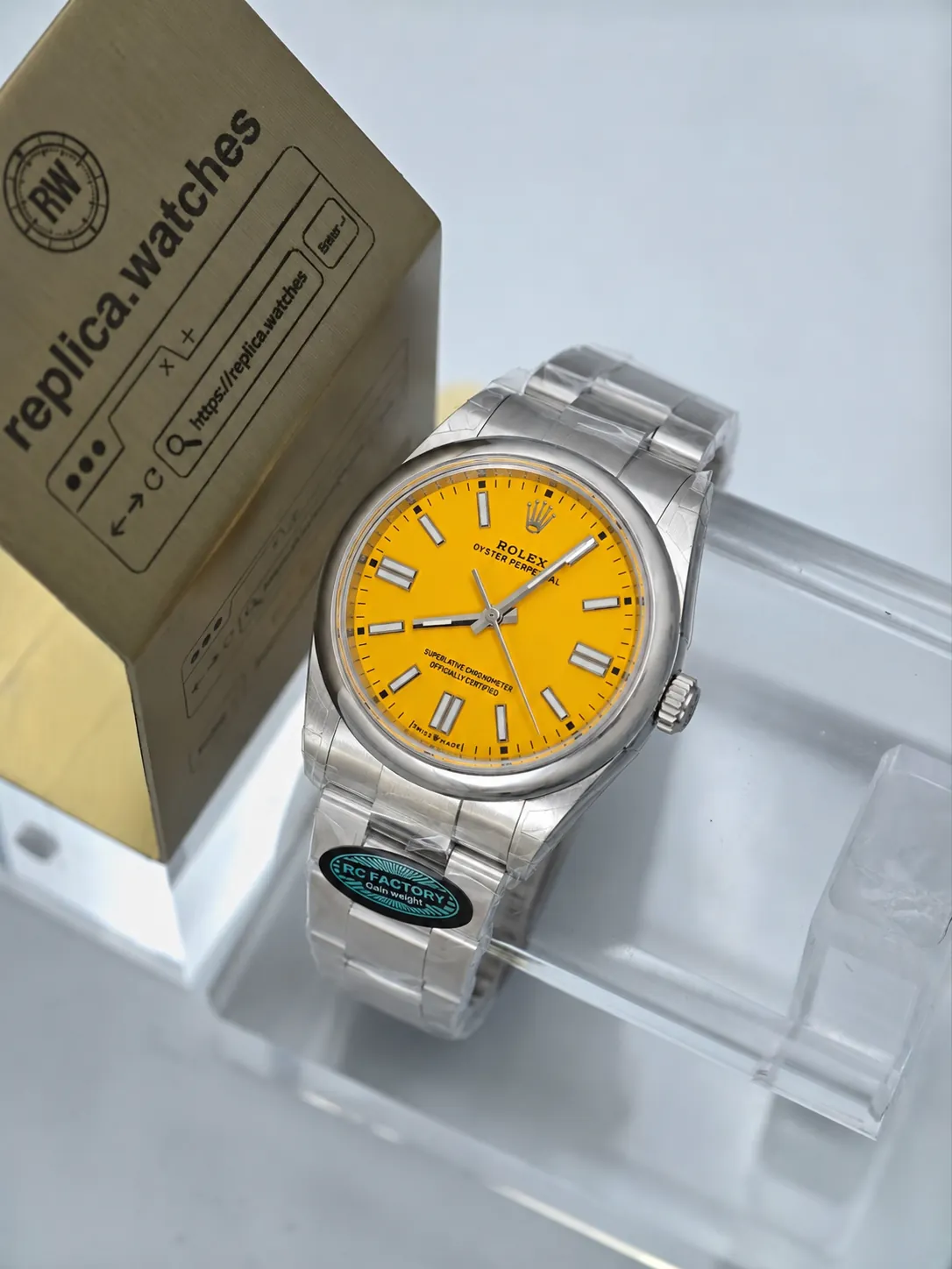 Super Clone Rolex Oyster Perpetual M124300-0004 41mm Bright Yellow Dial Luminous Baton Markers 904L Steel Watch
