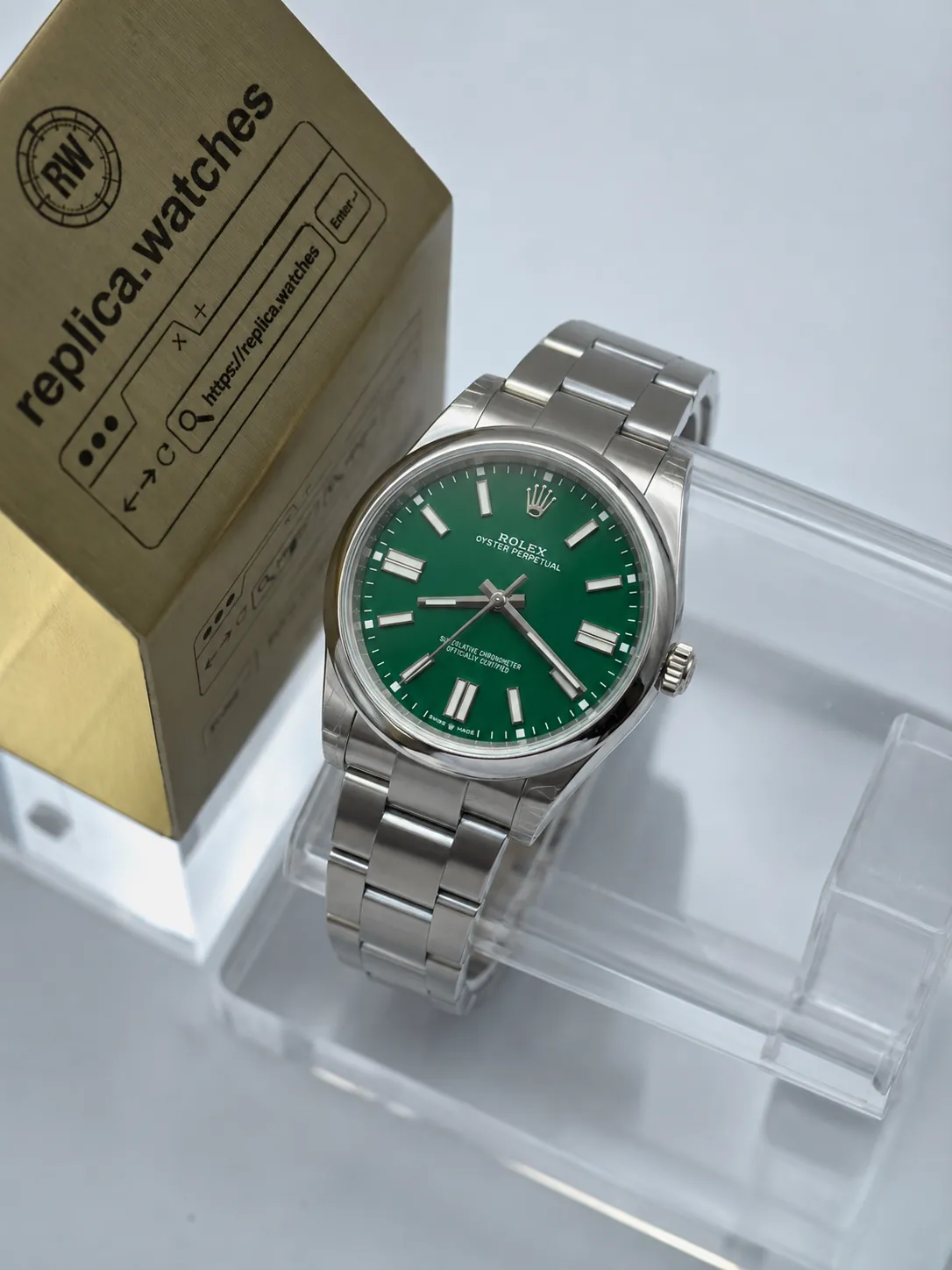 Replica Rolex Oyster Perpetual 41 M124300-0005 Green Dial 3230 Movement Oyster Steel Watch VS Factory
